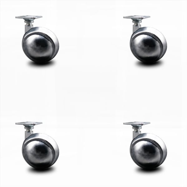 2.5 Inch Bright Chrome Metal Ball Caster - Top Plate -, 4PK